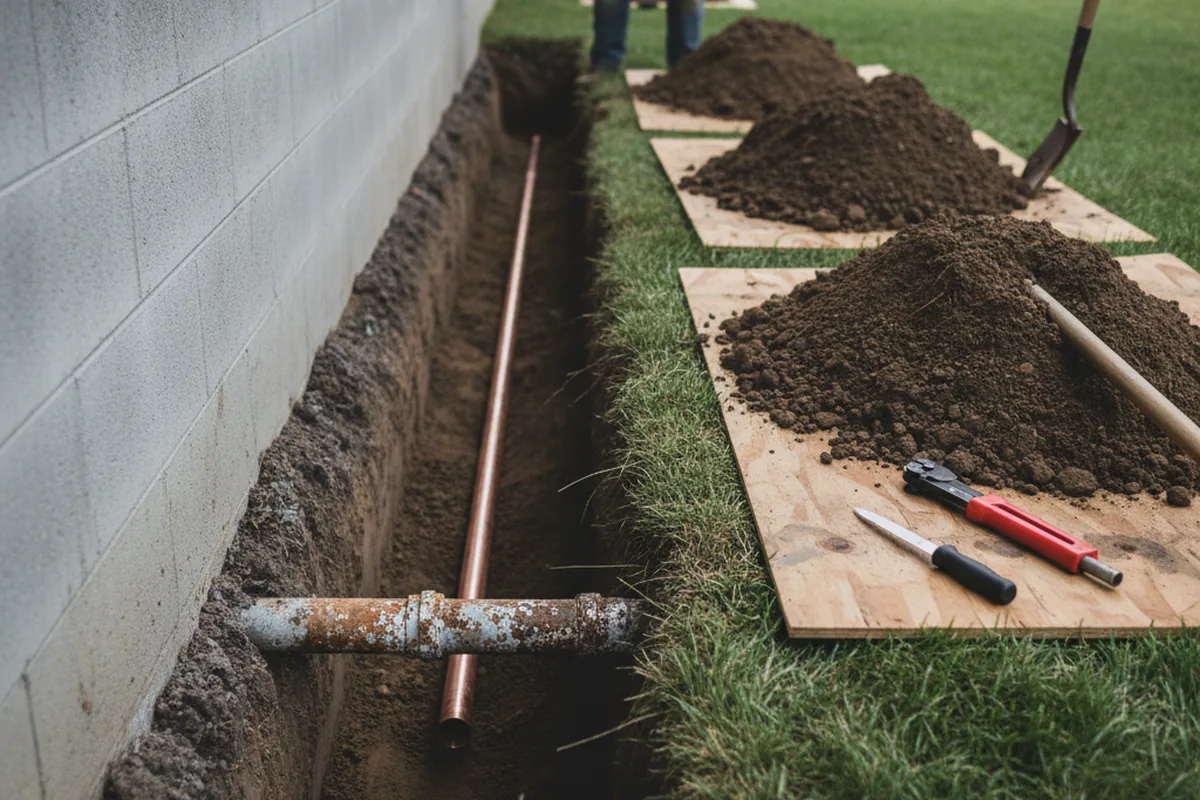 Excavated water line trench during Sewer Line Repair in Baker City
